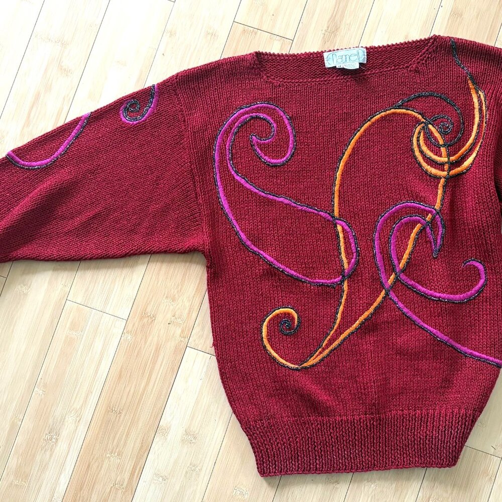 Vintage, 1980s Dark Red, Evening Sweater, with cording and glitter.